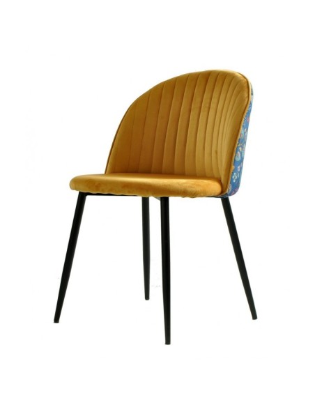 Silla diseño FLORA, tapizado velvet amarillo con trasera floral