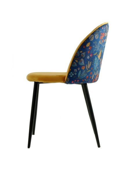 Silla diseño FLORA, tapizado velvet amarillo con trasera floral