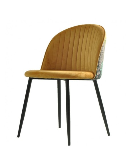 Cadeira design FLORA, estofos em veludo amarelo com encosto em palmeira
