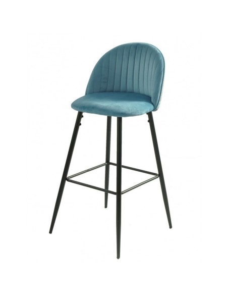 Taburete alto FLORA 75, tapizado velvet azul con trasera palmeras