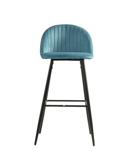 Taburete alto FLORA 75, tapizado velvet azul con trasera palmeras