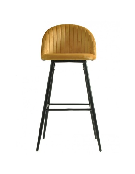 Taburete alto FLORA 75, tapizado velvet amarillo con trasera palmeras
