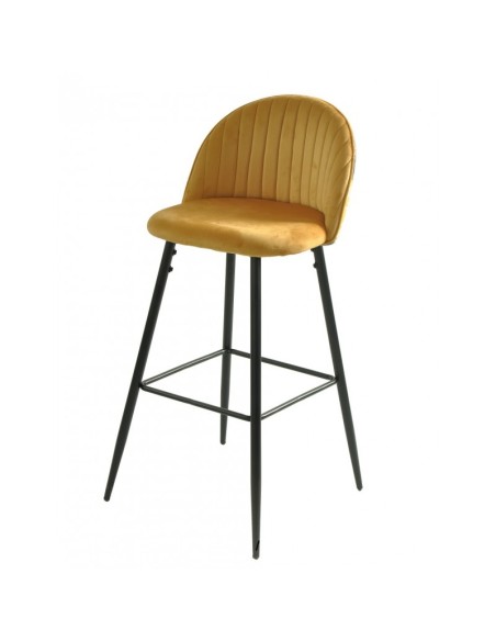 Taburete alto FLORA 75, tapizado velvet amarillo con trasera palmeras