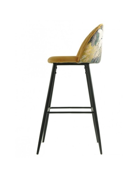 Taburete alto FLORA 75, tapizado velvet amarillo con trasera palmeras