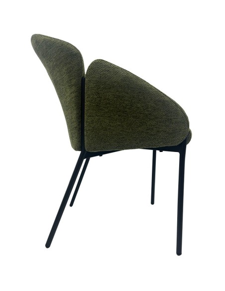 Cadeira de design GIORGI com braços, assento em chenille verde, pernas em metal preto