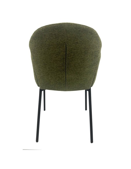 Cadeira de design GIORGI com braços, assento em chenille verde, pernas em metal preto