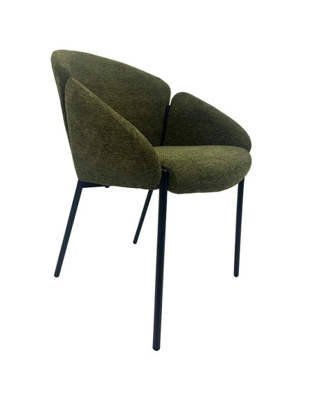 Silla con brazos de diseño GIORGI, asiento chenilla verde, patas metal negro