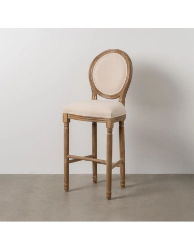 Taburete clásico medallón NIRAJ en madera blanco cepillado y tejido lino