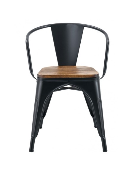 Cadeira TOLIX de design industrial com braços, aço preto e assento em madeira