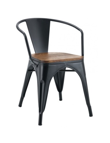 Silla con brazos diseño industrial TOLIX, acero negro y asiento madera