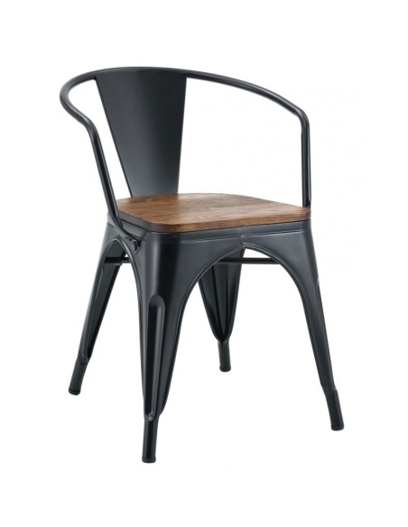 Cadeira TOLIX de design industrial com braços, aço preto e assento em madeira