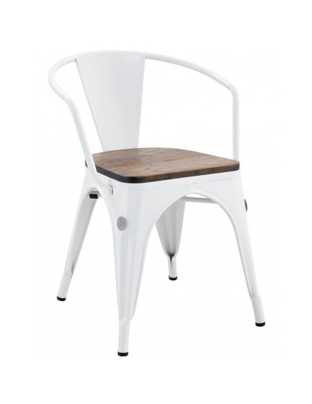 Cadeira TOLIX de design industrial com braços, aço branco e assento em madeira