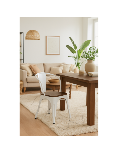 Silla con brazos diseño industrial TOLIX, acero blanco y asiento madera