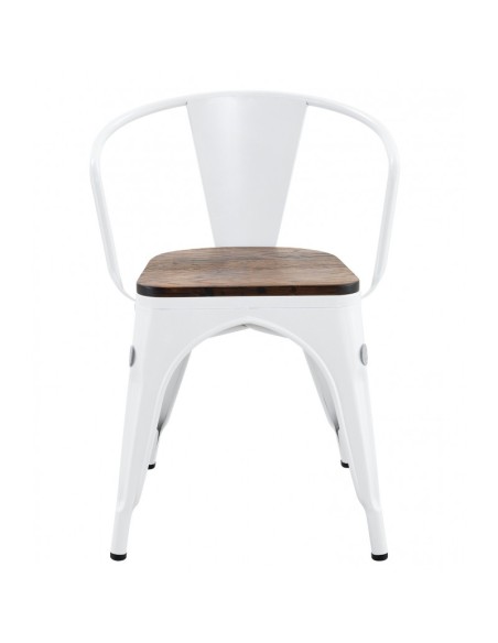 Cadeira TOLIX de design industrial com braços, aço branco e assento em madeira