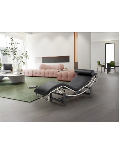 Chaise Longue LECO en Piel Negro con Acero Cromado