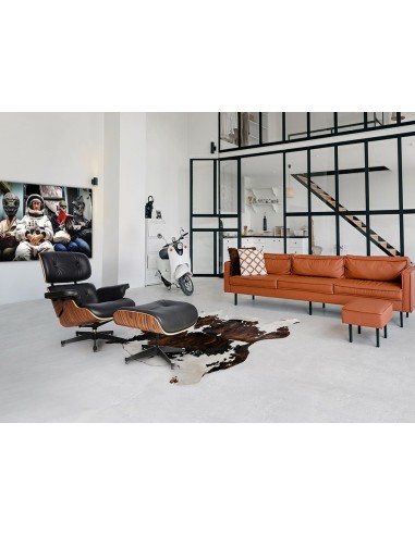 Sillón Lounge con ottoman, piel negra, madera...