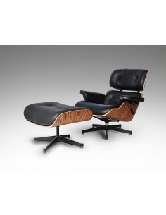 Sillón Lounge con ottoman, piel negra, madera palisandro...