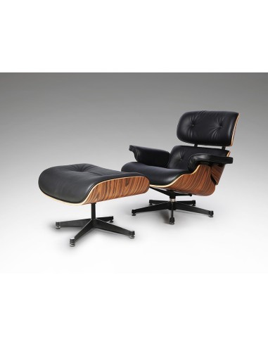 Sillón Lounge con ottoman, piel negra, madera...