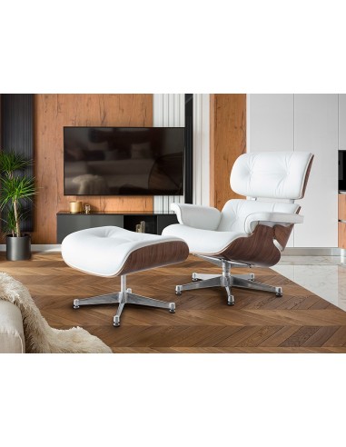 Sillón Lounge con ottoman, piel blanca, madera...