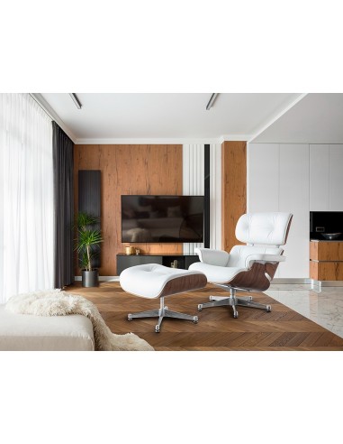 Sillón Lounge con ottoman, piel blanca, madera...
