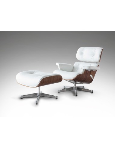 Sillón Lounge con ottoman, piel blanca, madera...