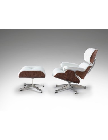Sillón Lounge con ottoman, piel blanca, madera...