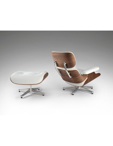 Sillón Lounge con ottoman, piel blanca, madera...