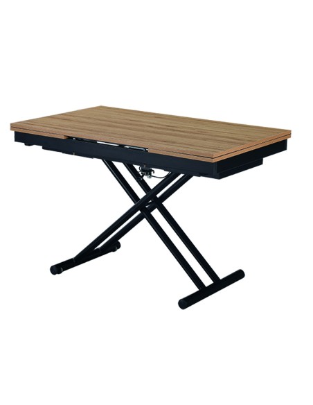 Mesa centro e de jantar NARIX, elevável e extensível, 120/190 cm, em carvalho e metal preto.