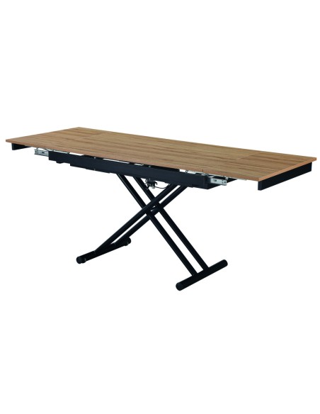 Mesa centro e de jantar NARIX, elevável e extensível, 120/190 cm, em carvalho e metal preto.