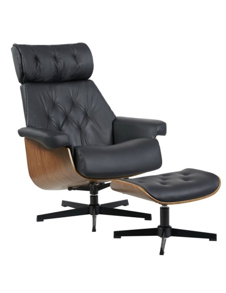 Butaca con ottoman EUROPA, madera y similpiel negra, diseño clásico