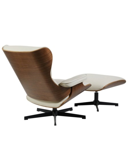 Poltrona clássica de design com pufe AMERICA, madeira e pele sintética bege