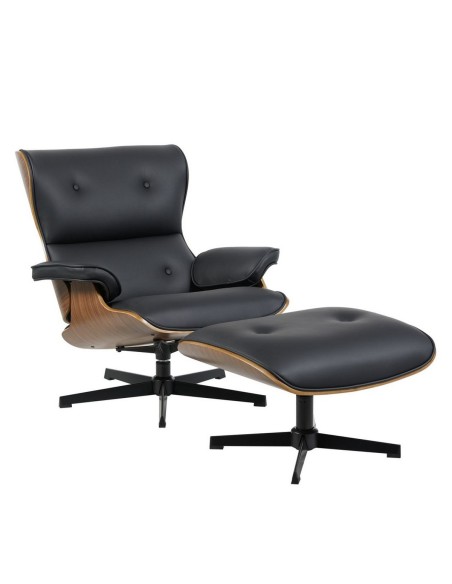 Butaca y ottoman clásico del diseño AMERICA, madera y similpiel negra