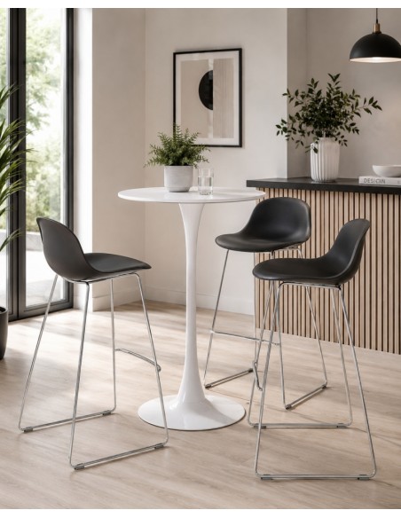 Mesa alta redonda TUL 60, base em metal e tampo em MDF lacado branco