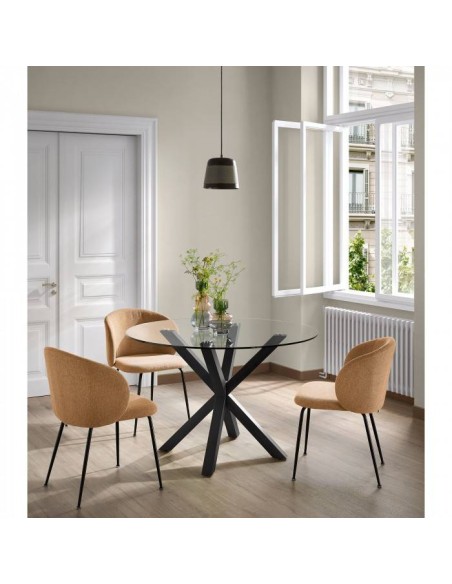 ARYA Mesa 119X119negro, cristal transparente.