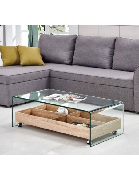 Mesa centro MARIANA 110x55, cristal, estante madera