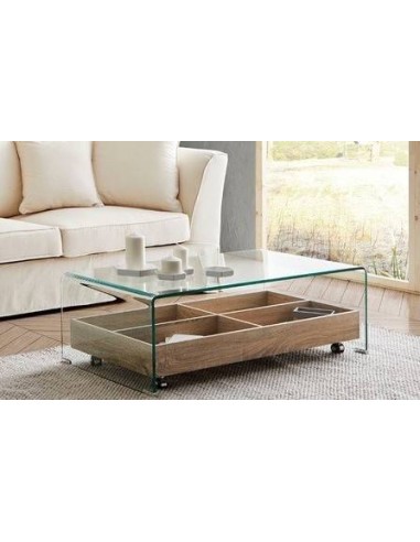 Mesa centro MARIANA 110x55, cristal, estante madera