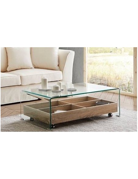 Mesa centro MARIANA 110x55, vidro, prateleira de madeira