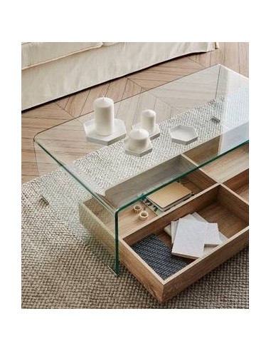 Mesa centro MARIANA 110x55, cristal, estante madera