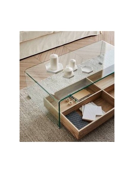 Mesa centro MARIANA 110x55, cristal, estante madera