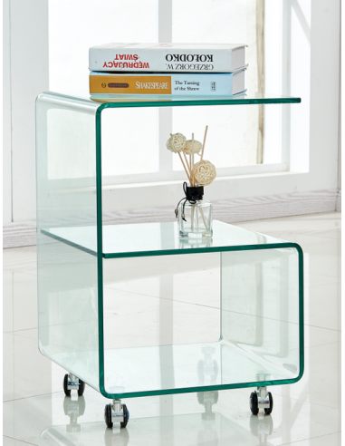 Mesa Abril 40x40, ruedas, cristal transparente.