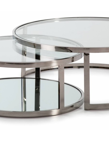 SET DE MESAS STEELS DE ACERO INOX, CRISTAL.