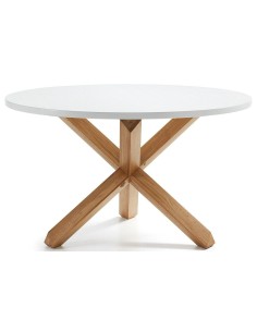 Mesa redonda de diseño  LOTUS  120 cm Estructura de roble Natatural Sobre Lac.Blanco Puro