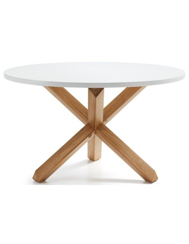 Mesa redonda de diseño  LOTUS  120 cm Estructura de roble Natatural Sobre Lac.Blanco Puro