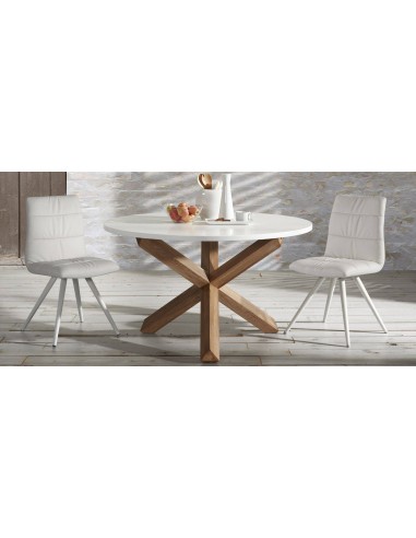 Mesa redonda de diseño  LOTUS  120 cm Estructura de roble Natatural Sobre Lac.Blanco Puro