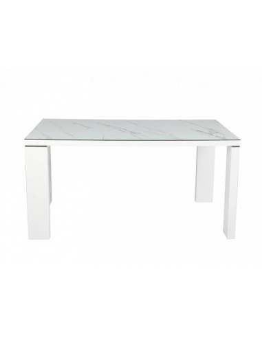 Mesa Spot 150x90, metal blanca, cristal ceramico marmol.