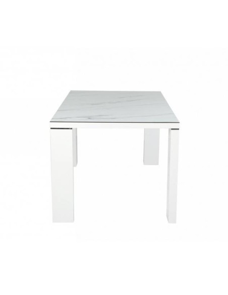 Mesa Spot 150x90, metal blanca, cristal ceramico marmol.