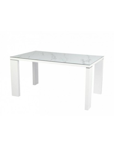Mesa Spot 150x90, metal branco, vidro ceramico mármore.