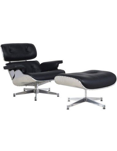 Poltrona Lounge Chair Pele negra, alumínio, base polida