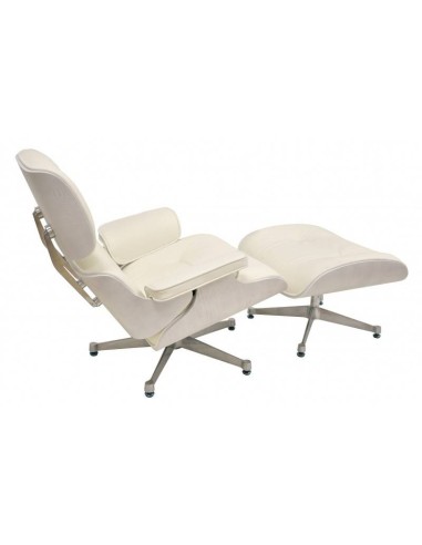 Sillón Lounge Chair Piel blanca, madera lacada, base pulida