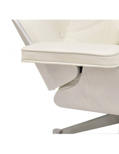 Poltrona Lounge Chair Pele branca, madeira lacada, base polida
